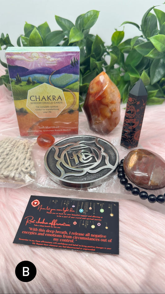 This bundle includes all you need to begin working on your root chakra! Included: -Chakra card deck -Incense rope 15 pack -Root symbol incense burner plate -Carnelian flame -Black Obsidian red etched tower -Petrified Wood palm stone -Black Obsidian bracelet -Carnelian tumble -4 informational and interactive cards teaching you all about the root chakra! They are card keepsakes with a bonus root chakra affirmation on the back of each one.