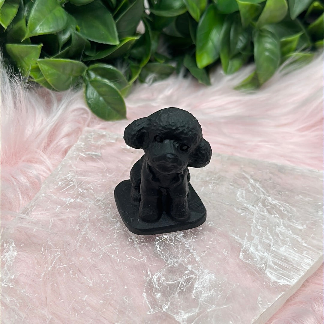 Matte black obsidian poodle dog carving