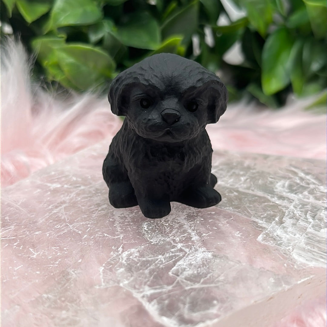 Matte black obsidian shih tzu dog carving