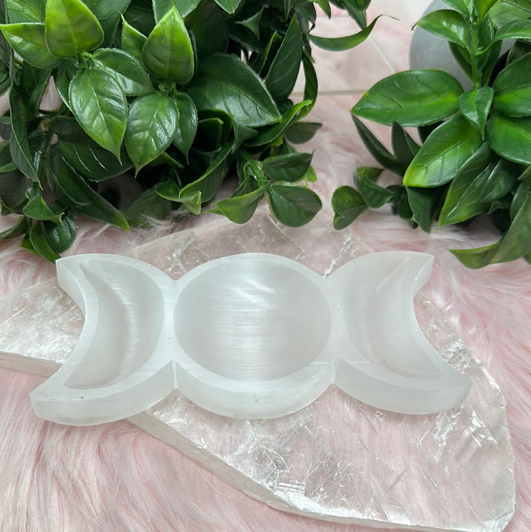 Selenite satin spar moon dish