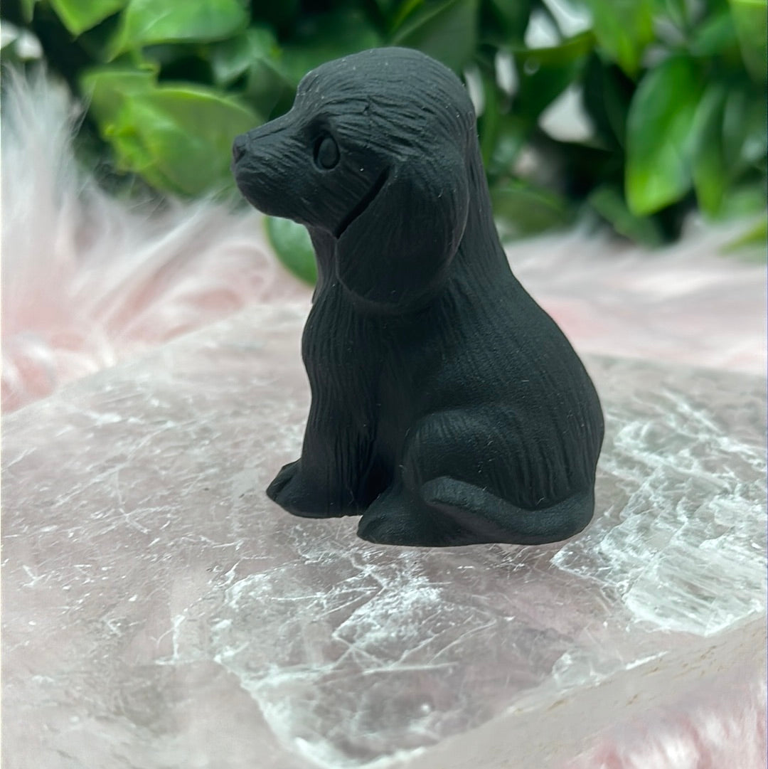 Matte black obsidian puppy dog carving