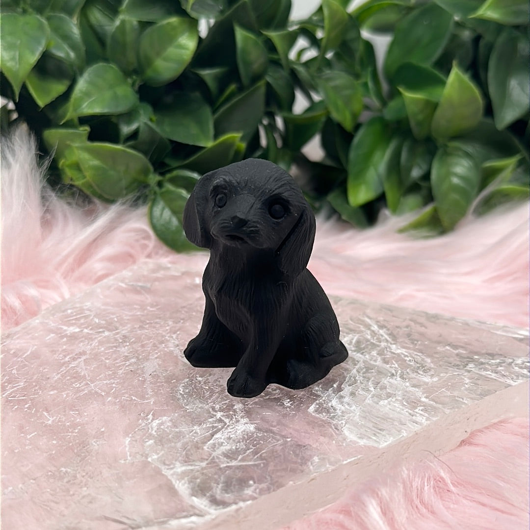 Matte black obsidian puppy dog carving