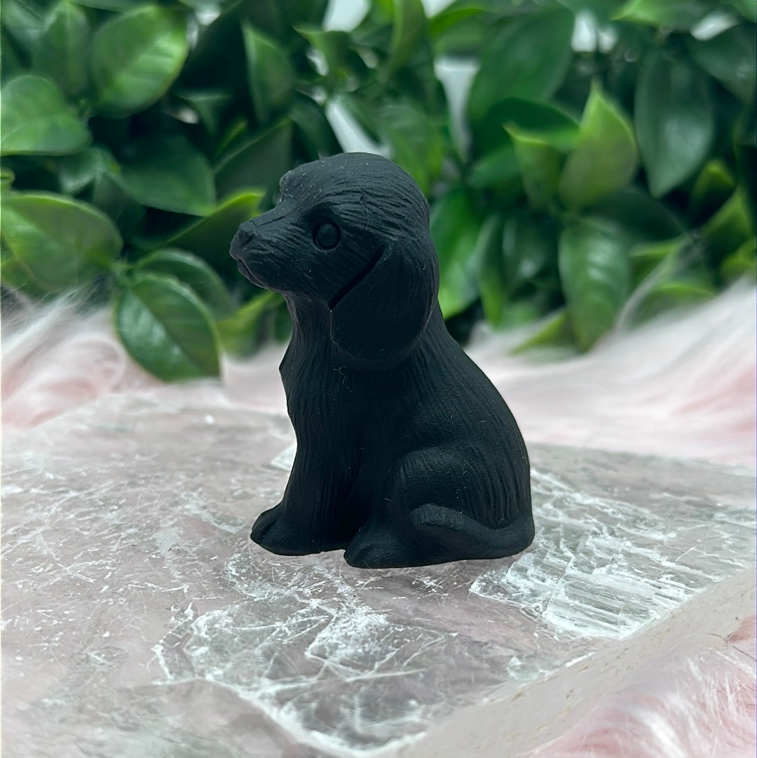 Matte black obsidian puppy dog carving
