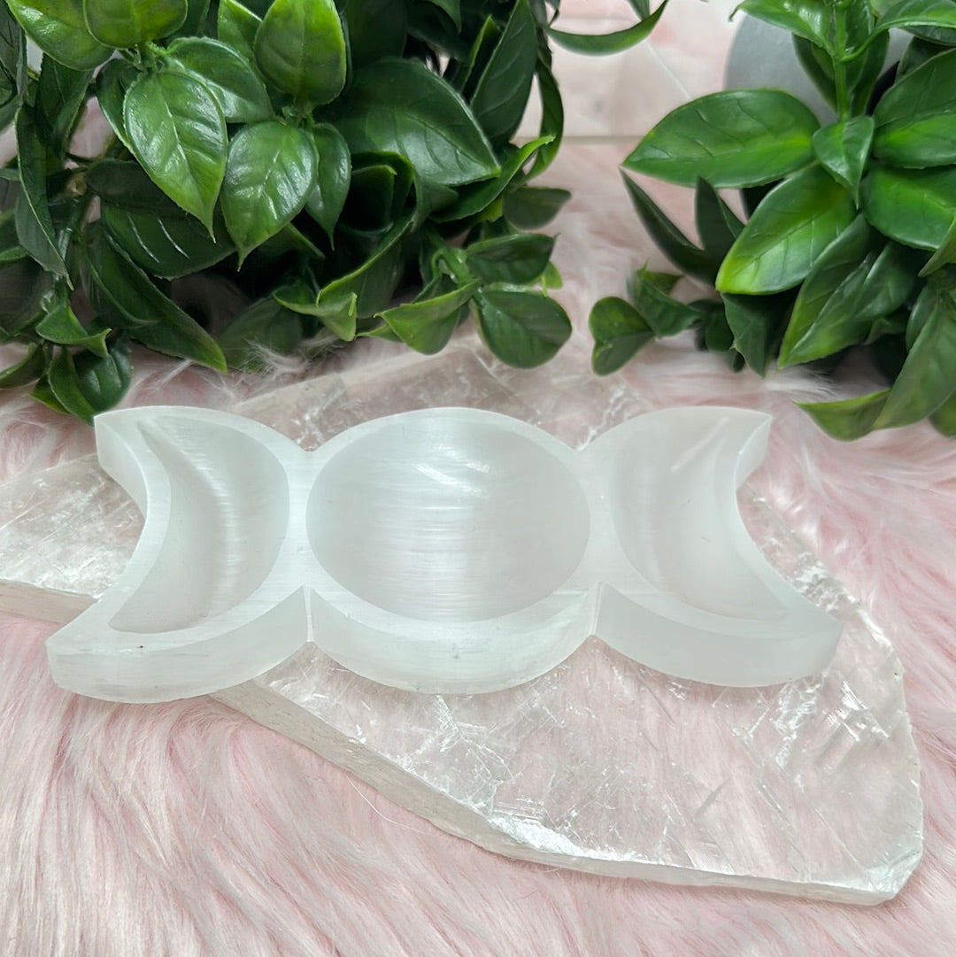 Selenite satin spar moon dish